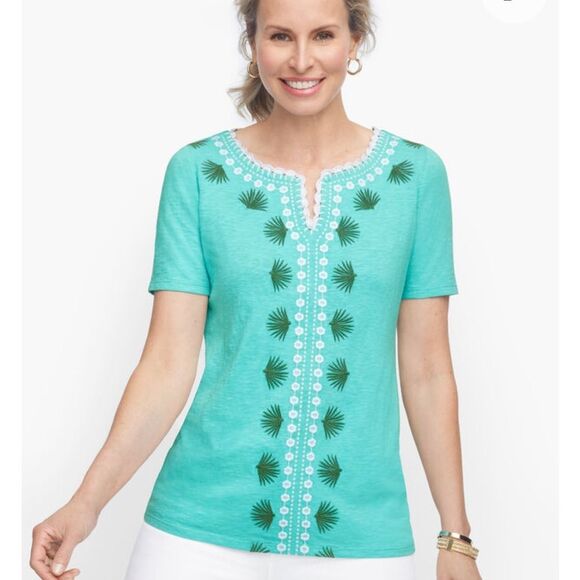 Talbots Embroidered Palm Frond Tee Aqua Blue Cotton Size Medium - Picture 1 of 9